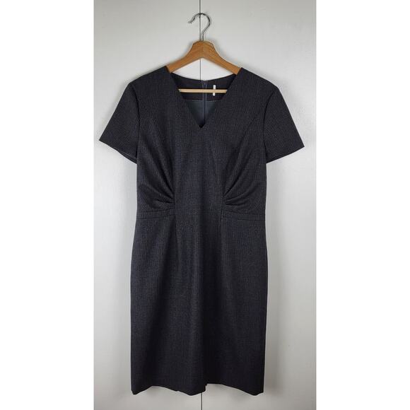 HUGO BOSS Wool Melange Micro Check Sheath V Neck Pleated Midi Dress | 8 - Picture 2 of 7